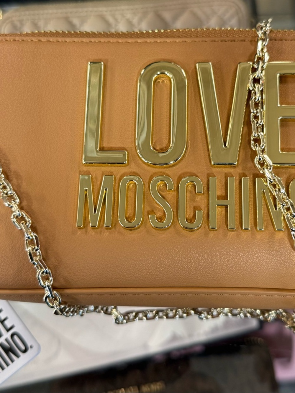 🔥 NWT Love Moschino Tan Crossbody Bag w/ Gold Logo & Chain Strap – Box Included